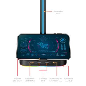 Soporte Steren gamer para audífonos con hub usb y luz led rgb com-070