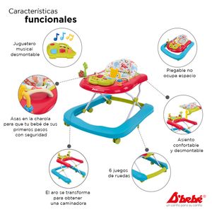 Andadera caminadora musical Dbebé jungle 2 en 1 roja