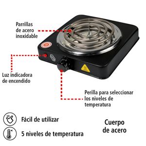 Parrilla eléctrica, 1 quemador espiral, 1000 w. color negro IUSA  modelo. 620081