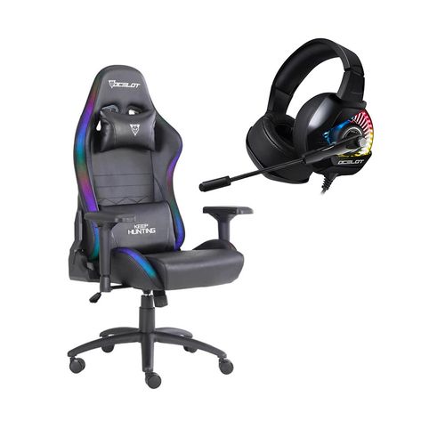 Combo Black Pro Silla Gamer Ocelot Negro con Iluminación RGB + Diadema Gamer RGB