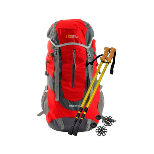 Set Trekking con Bastones de Senderismo y Mochila Roja Everest 55 Lts National Geographic Mod.MT-03